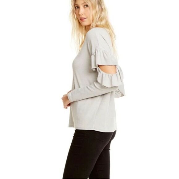 Chaser Vintage Rib Long Sleeve Vented Ruffle‎ Dolman Top in Cruise Gray Size M - Picture 2 of 10
